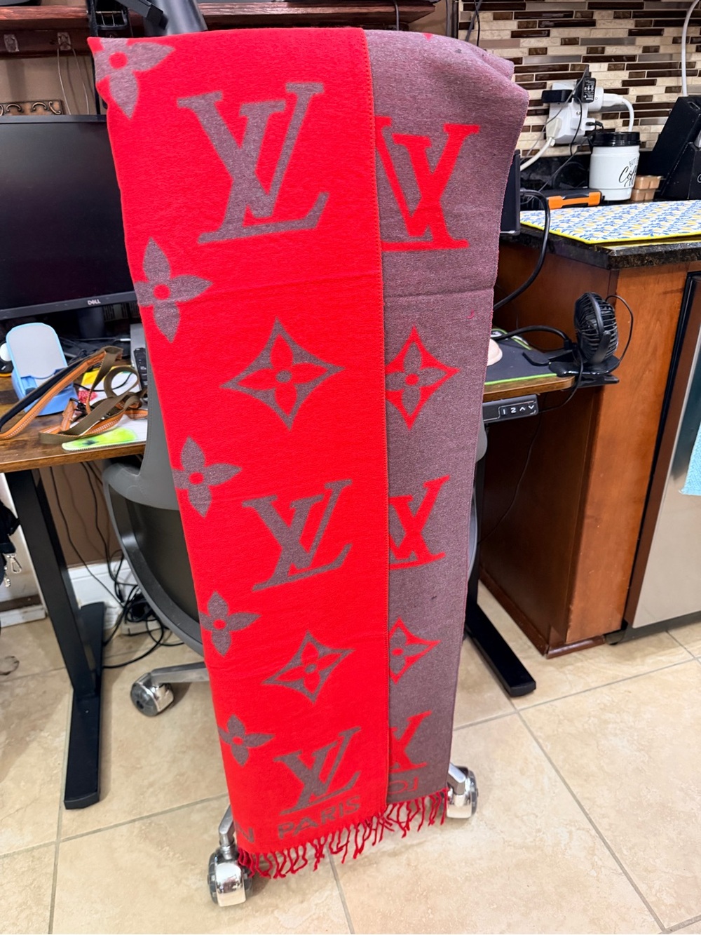 Louis Vuitton Red & Brown Monogram Reversible Wool Scarf